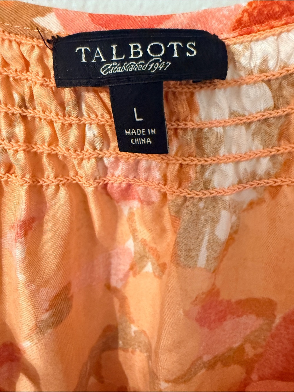 Talbots Silk Floral Dress Orange Pink Smocked Waist Cap Sleeve L - Picture 2 of 10